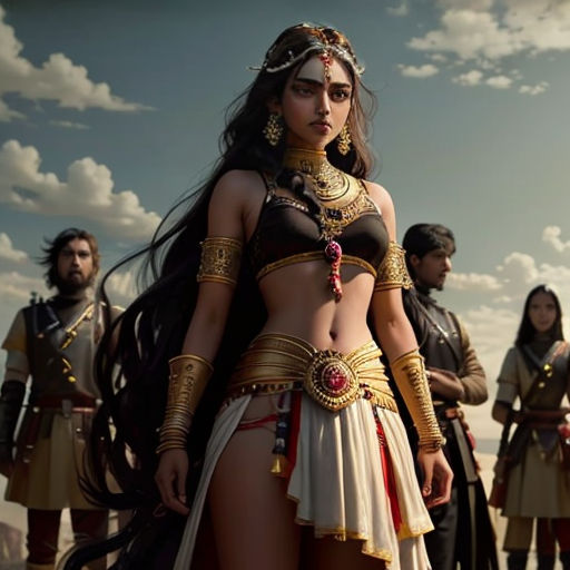 a woman in a costume standing in front of a group of men in armor and armors, with a sky background