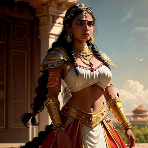 a woman in a costume standing in front of a building with a bird flying overhead in the sky above her