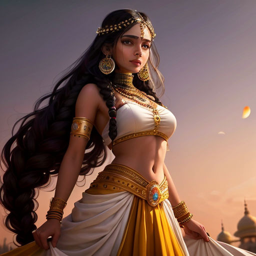 a woman in a white and yellow outfit with long hair and jewelry on her head and a large gold necklace