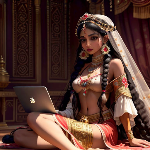 a woman in a costume sitting on the floor with a laptop computer in her hand and a veil on her head