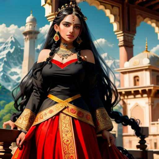a woman in a red and black dress standing in front of a castle with mountains in the background and a mountain range in the background