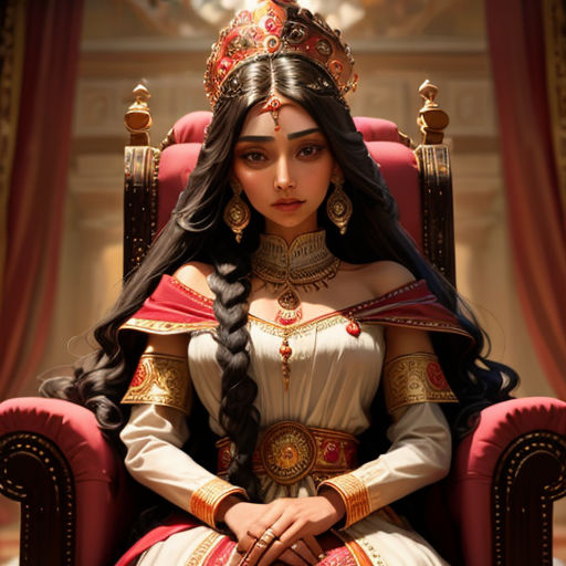 a woman in a white dress sitting on a red chair with a crown on her head and braids in her hair