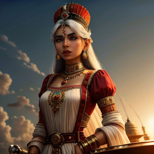 a woman in a white dress and red headpiece with a sword in her hand and a sky background