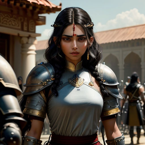 a woman in armor standing in front of a crowd of people in a courtyard with a sword in her hand
