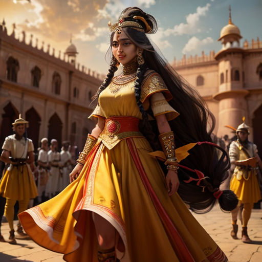 a woman in a yellow dress and a man in a white suit and a horse in a courtyard with a castle in the background