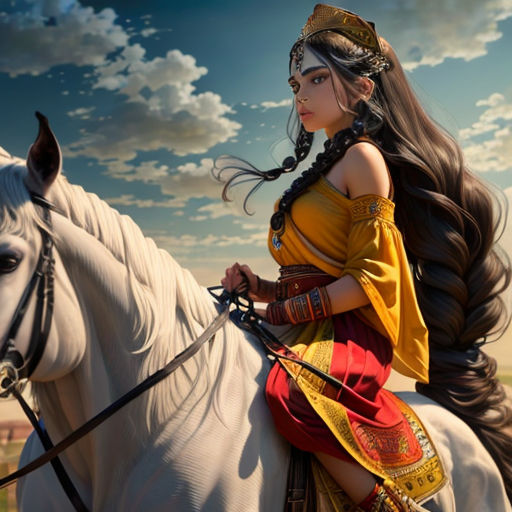 a woman in a yellow dress riding a white horse in a field with a sky background and clouds in the sky