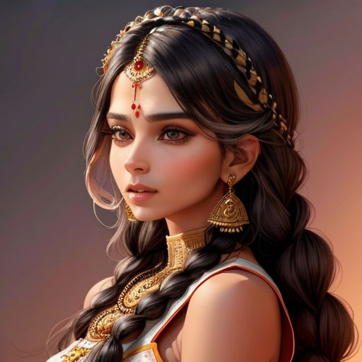 a woman with long hair wearing a head piece and a necklace with gold chains on it, and a braid in her hair