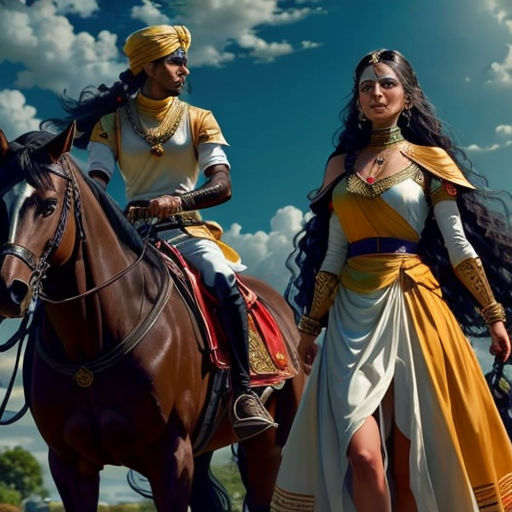 a man and woman dressed in ancient greek costumes on horses in a field with clouds in the background and a blue sky