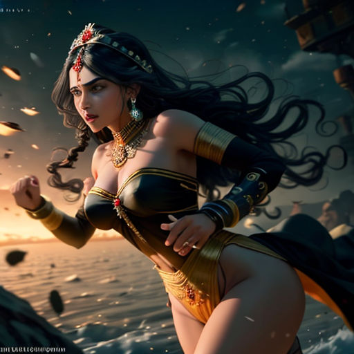 a woman in a bikini and headpieces is running on the beach with birds flying around her and a ship in the background