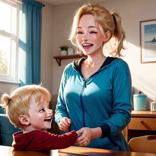 a woman and a child are smiling at each other at a table in a room with a blue curtain, photorealism, a digital rendering, Beeple, ultra realistic digital art
