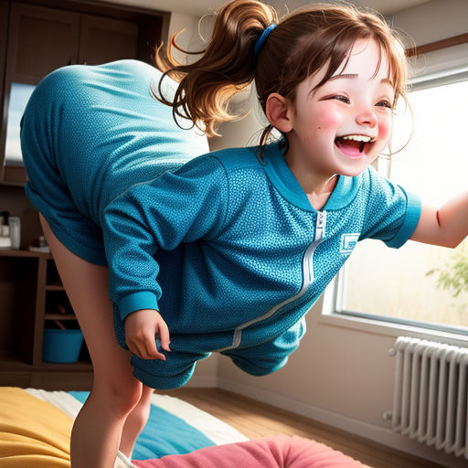 a little girl jumping on a bed in a room with a window and a radiator in the background, photorealism, a hyperrealistic painting, Diego Gisbert Llorens, hyper real