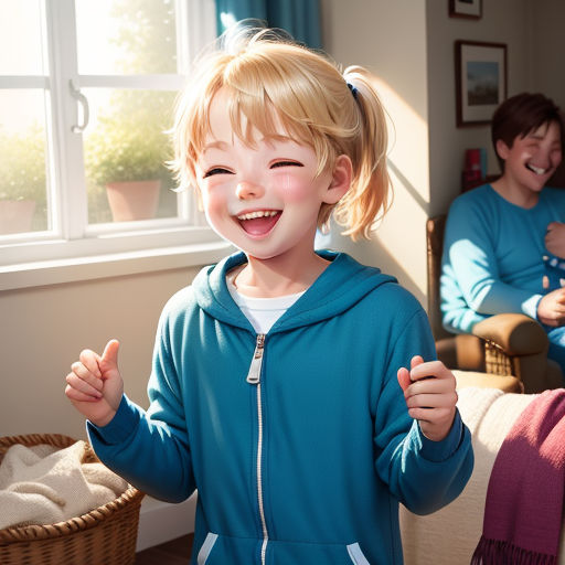 a little girl is smiling and standing in front of a man and a woman in a living room with a basket, les automatistes, a stock photo, Beeple, unreal engine highly rendered