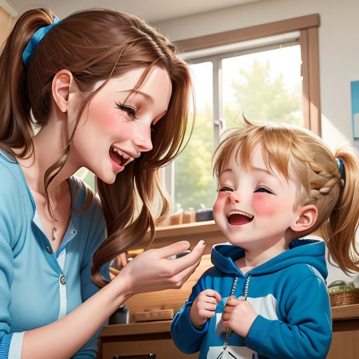 a woman is helping a child with something in her hand in the kitchen while she is smiling and laughing, photorealism, a photorealistic painting, Clarice Beckett, ultra realistic faces