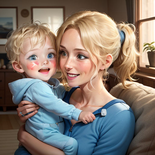 a woman holding a child with a face painted on it's face and smiling at the camera with a potted plant in the background, photorealism, a photorealistic painting, Alejandro Burdisio, ultra realistic digital art