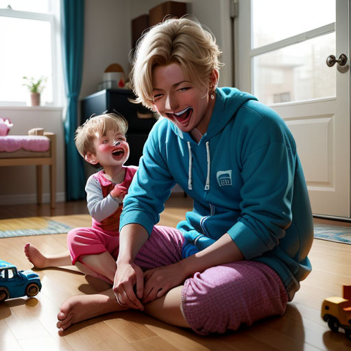 a woman and a child playing on the floor together in a room with toys and a door in the background, photorealism, a stock photo, Andor Basch, award - winning photography