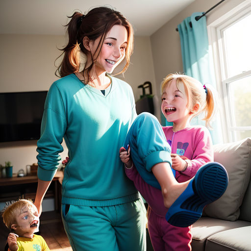 a woman and two children laughing in a living room with a couch and window behind them and a couch, photorealism, a stock photo, Claire Hummel, promotional image