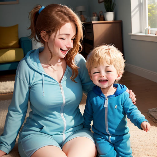 a woman and a child sitting on the floor together smiling at the camera, with a blue couch in the background, dada, a stock photo, Christian Hilfgott Brand, blue