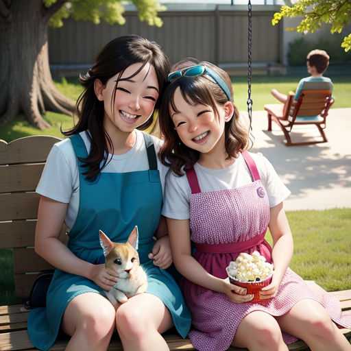 two girls sitting on a swing with a cat and a bowl of popcorn in front of them, and a cat sitting on the bench, precisionism, an album cover, Ai-Mitsu, kawaii