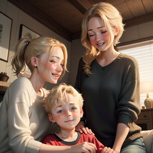 a woman and two children are sitting on a couch together, smiling at the camera, with a woman standing behind them, hyperrealism, a photorealistic painting, Evan Charlton, ultra realistic faces