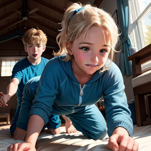 a young girl and boy are playing on a bed together in a room with a wooden ceiling and a window, photorealism, a photorealistic painting, Bob Byerley, ultra realistic digital art