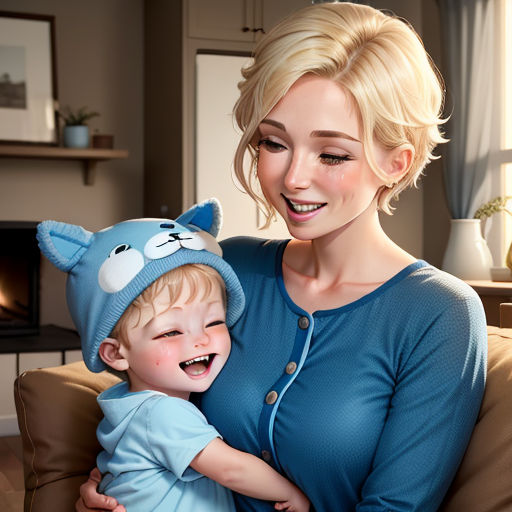 a woman holding a child in her arms while wearing a blue cat hat and smiling at the camera while sitting on a couch, photorealism, a hyperrealistic painting, Artgerm, ultra realistic digital art