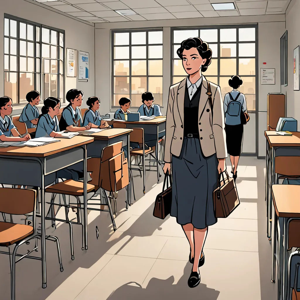 a woman walking down a hallway in a classroom with desks and chairs and a window behind her is a group of students, serial art, a comic book panel, Asaf Hanuka, official art