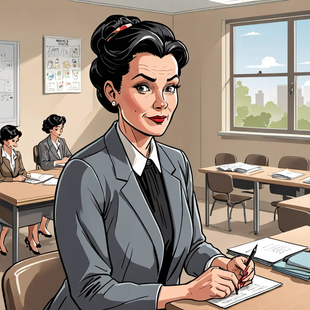 a woman sitting at a desk with a pen and paper in her hand and a book in front of her, remodernism, a character portrait, Ada Gladys Killins, promotional image