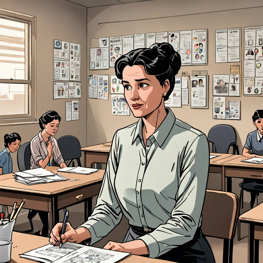 a woman sitting at a desk in a classroom with other people in the background and a cartoon of a woman sitting at a desk, academic art, a comic book panel, Asaf Hanuka, graphic novel