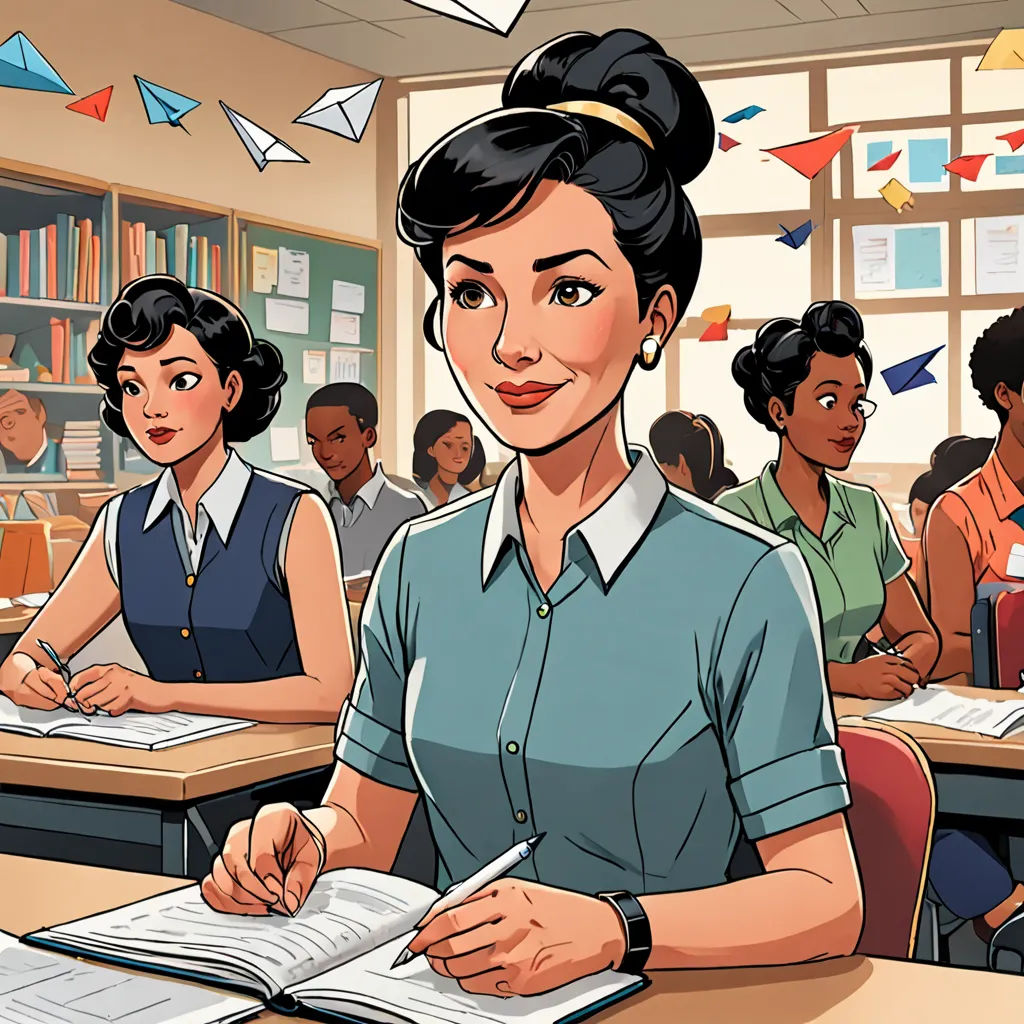 a woman sitting at a desk in front of a book and a notebook in front of her is a group of people, paris school, a comic book panel, Ada Gladys Killins, comic cover art