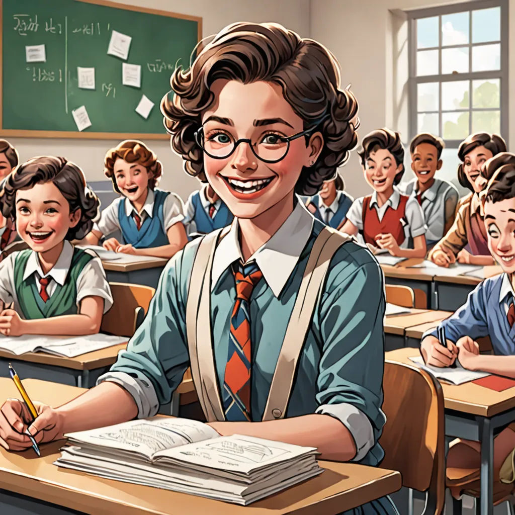a cartoon of a girl sitting at a desk with a book and pencil in front of her and a group of other children, danube school, a character portrait, Ada Gladys Killins, official art