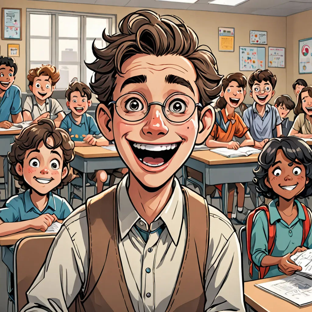 a cartoon of a smiling man in front of a classroom full of students with a teacher in the background, vancouver school, a comic book panel, Asaf Hanuka, comic cover art