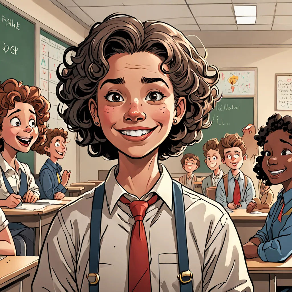 a cartoon of a boy in a classroom with other children in the background and a teacher smiling at the camera, vancouver school, a comic book panel, Cliff Childs, comic cover art