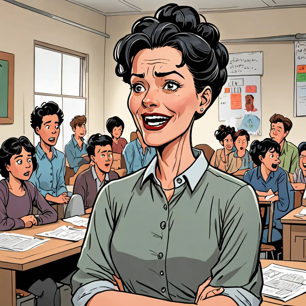 a cartoon of a woman standing in front of a classroom full of students with arms crossed and smiling at the camera, vancouver school, a comic book panel, Brenda Chamberlain, graphic novel