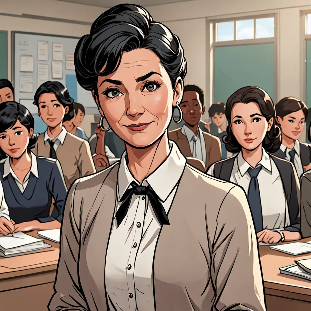 a woman standing in front of a classroom full of students in uniform, with a cartoon of her in the background, vancouver school, a comic book panel, Ada Gladys Killins, official art