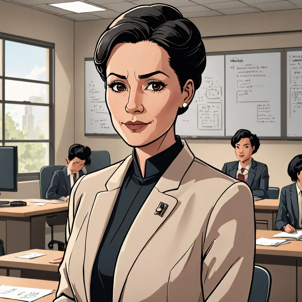 a woman in a suit standing in front of a classroom full of students in a classroom with a cartoon of a woman in a suit, sots art, a character portrait, Choi Buk, character portrait