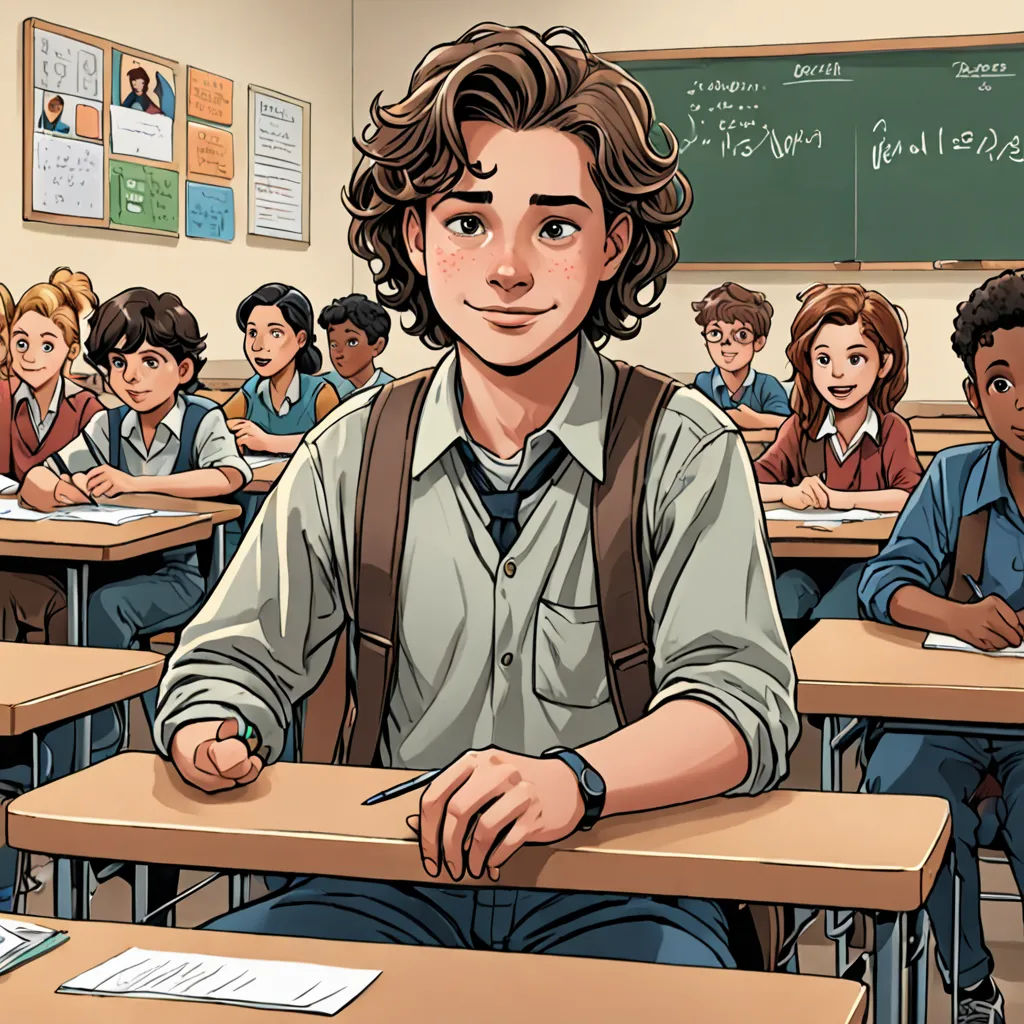 a cartoon of a boy sitting at a desk in a classroom with other students behind him and a chalkboard with writing on it, paris school, a comic book panel, Clark Voorhees, official art