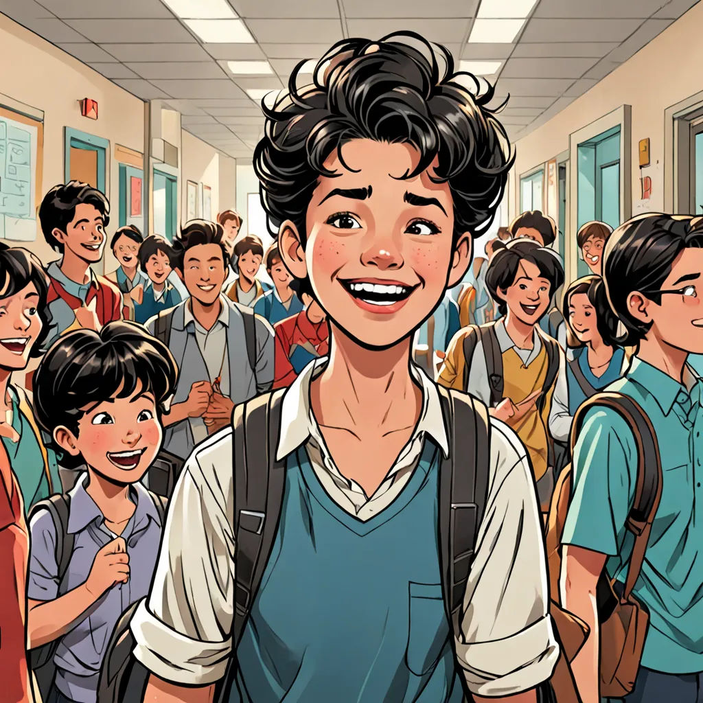 a cartoon of a boy smiling in front of a group of people in a hallway with a backpack on, vancouver school, a comic book panel, Asaf Hanuka, graphic novel
