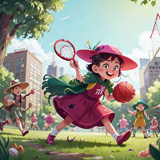 a girl in a pink hat is playing tennis in a park with other children in the background and a girl in a pink hat is holding a tennis racket