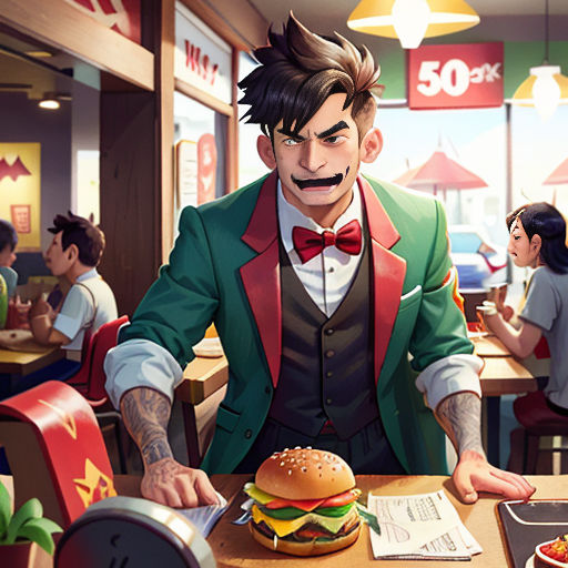 a man in a restaurant with a hamburger and a burger in front of him with a fake mustache and a fake mustache