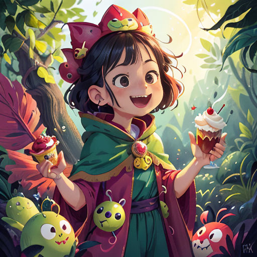 a girl holding a cupcake in a forest with other creatures around her and a bird on her shoulder