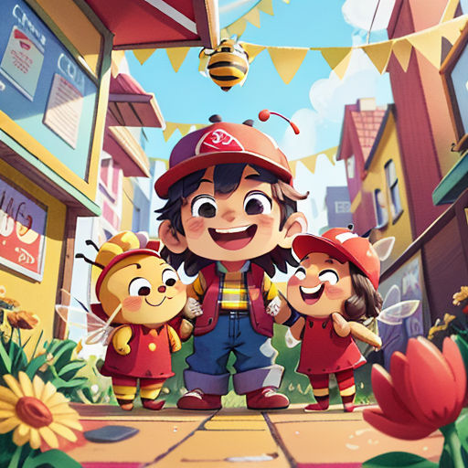 a cartoon of a family in a city with a bee on the roof of a building and a bee on the ground