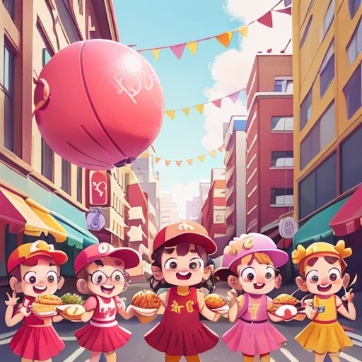a group of children standing on a street next to a giant ball and a street sign with a red ball hanging from it