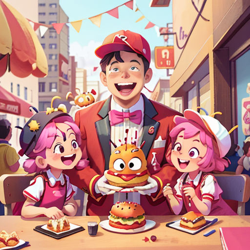 a man and two children are standing in front of a table with a cake and hamburgers on it
