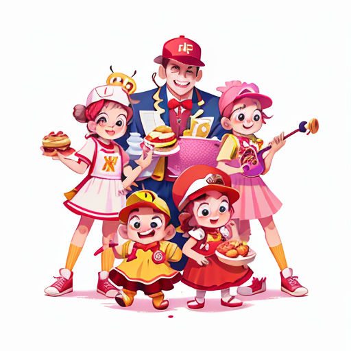 a family of five dressed in costumes and holding a cake and a cupcake with a man in a red hat