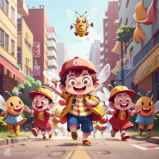a cartoon character is running down the street with a bunch of bees flying above him and a bee flying above him