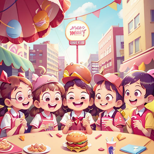 a group of children sitting at a table with a hamburger in front of them and a sign that says mega meat