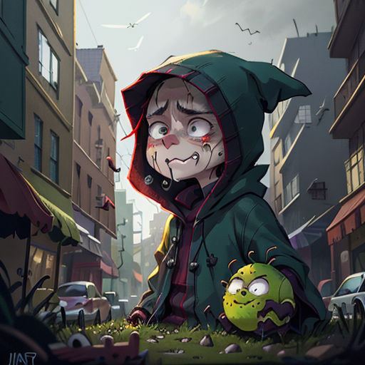 a cartoon character with a hoodie on sitting in the grass with a green ball in his hand and a green monster in his hand