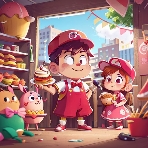 a cartoon of a boy and girl holding a cupcake and a bundt cake in a store with other bundts