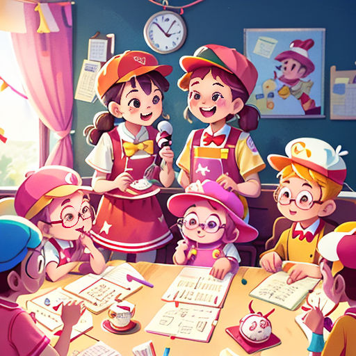 a group of children sitting around a table with a clock in the background and a woman standing in front of them