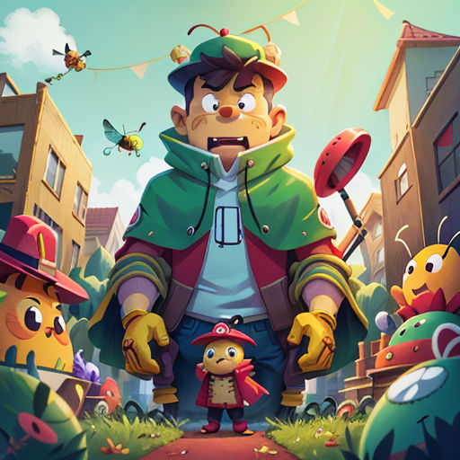 a cartoon character standing in front of a group of people in a city with a beehive on the ground